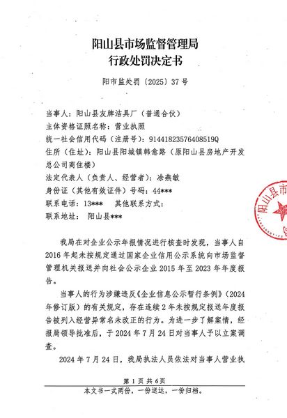 陽(yáng)山縣友牌潔具廠（普通合伙） 行政處罰決定書(shū) (1).JPG